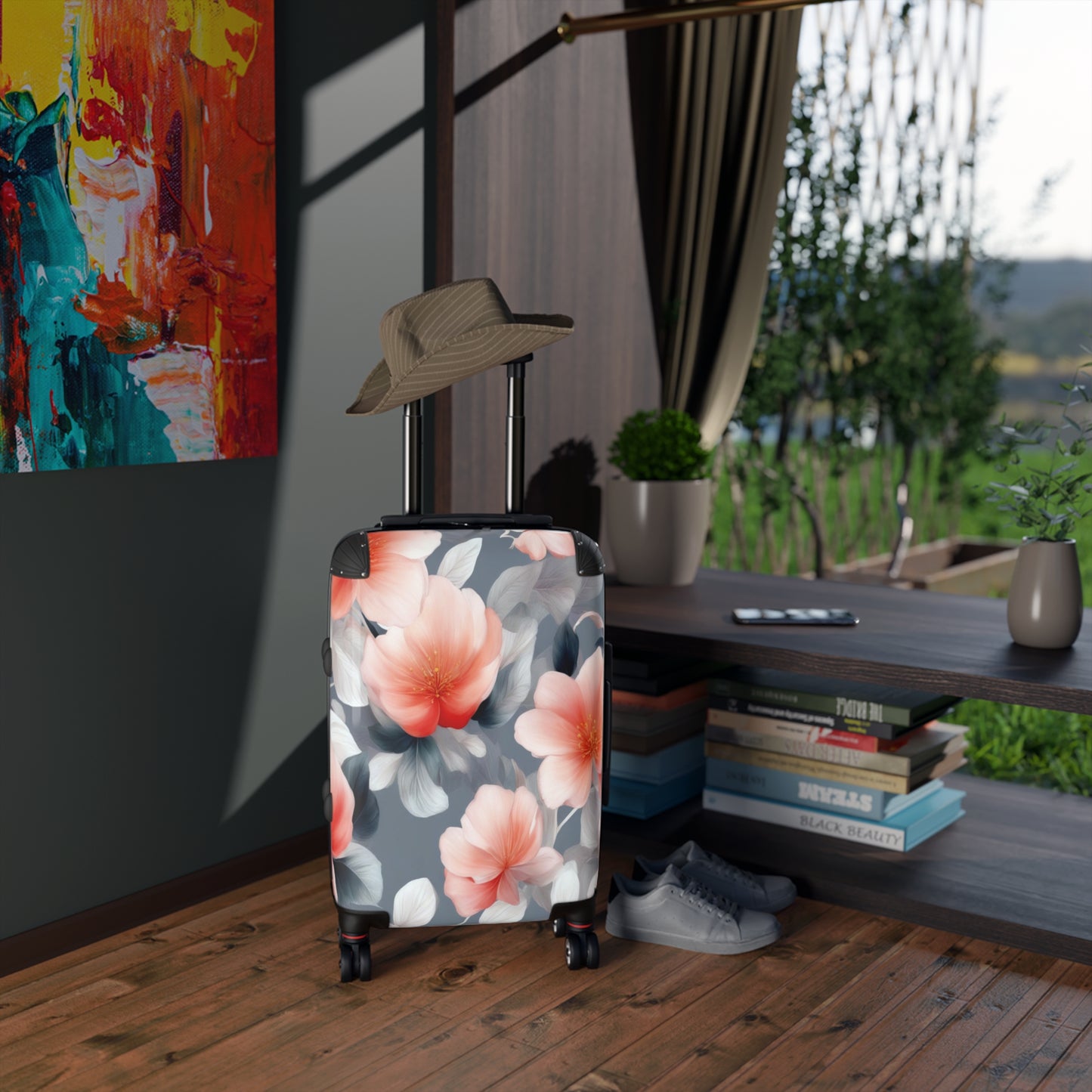 Red Blossom Floral Bunch Small Suitcase with built in lock, 4 double-wheels, telescopic handle, and ABS back hard-shell