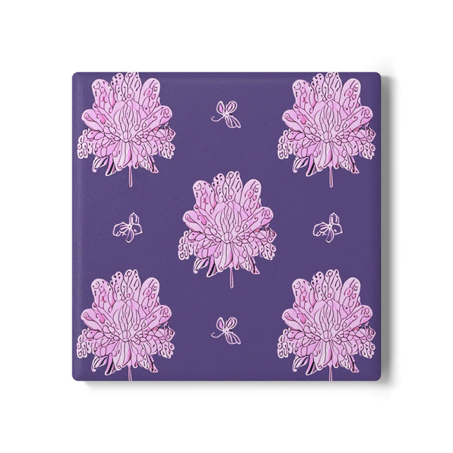 Magenta Floral Butterflies 4" x 4" Square Ceramic Coaster