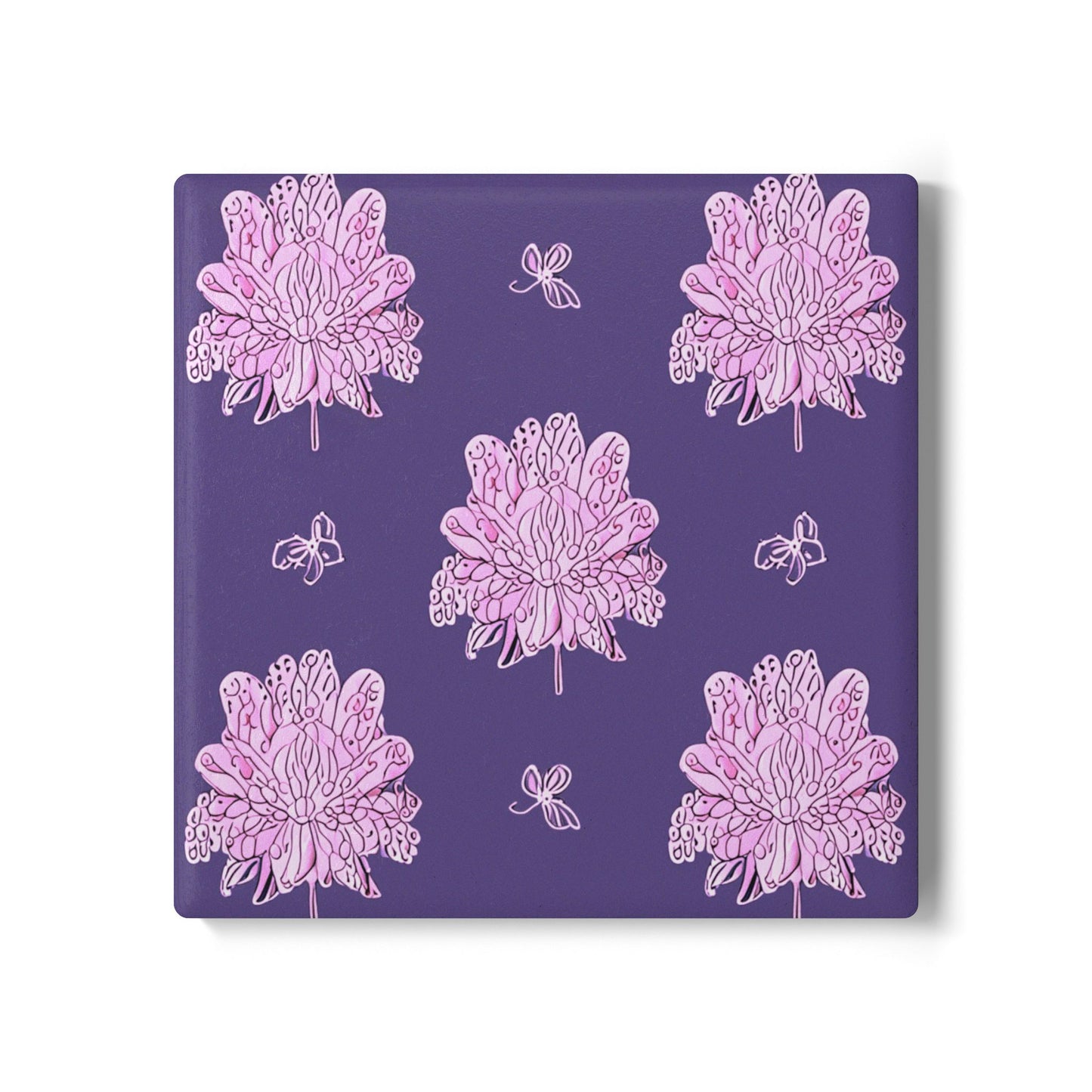 Magenta Floral Butterflies 4" x 4" Square Ceramic Coaster