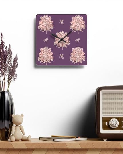 Pink Floral Butterflies Acrylic Wall Clock, Round or Square, 10.75" x 10.75"