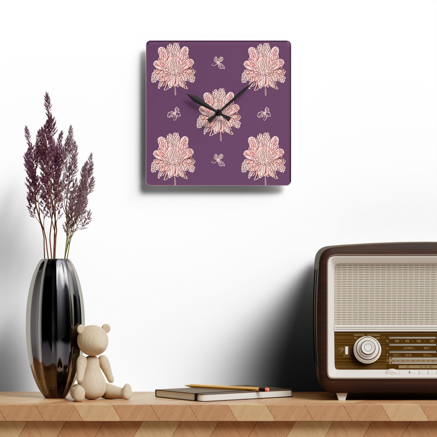 Pink Floral Butterflies Acrylic Wall Clock, Round or Square, 10.75" x 10.75"