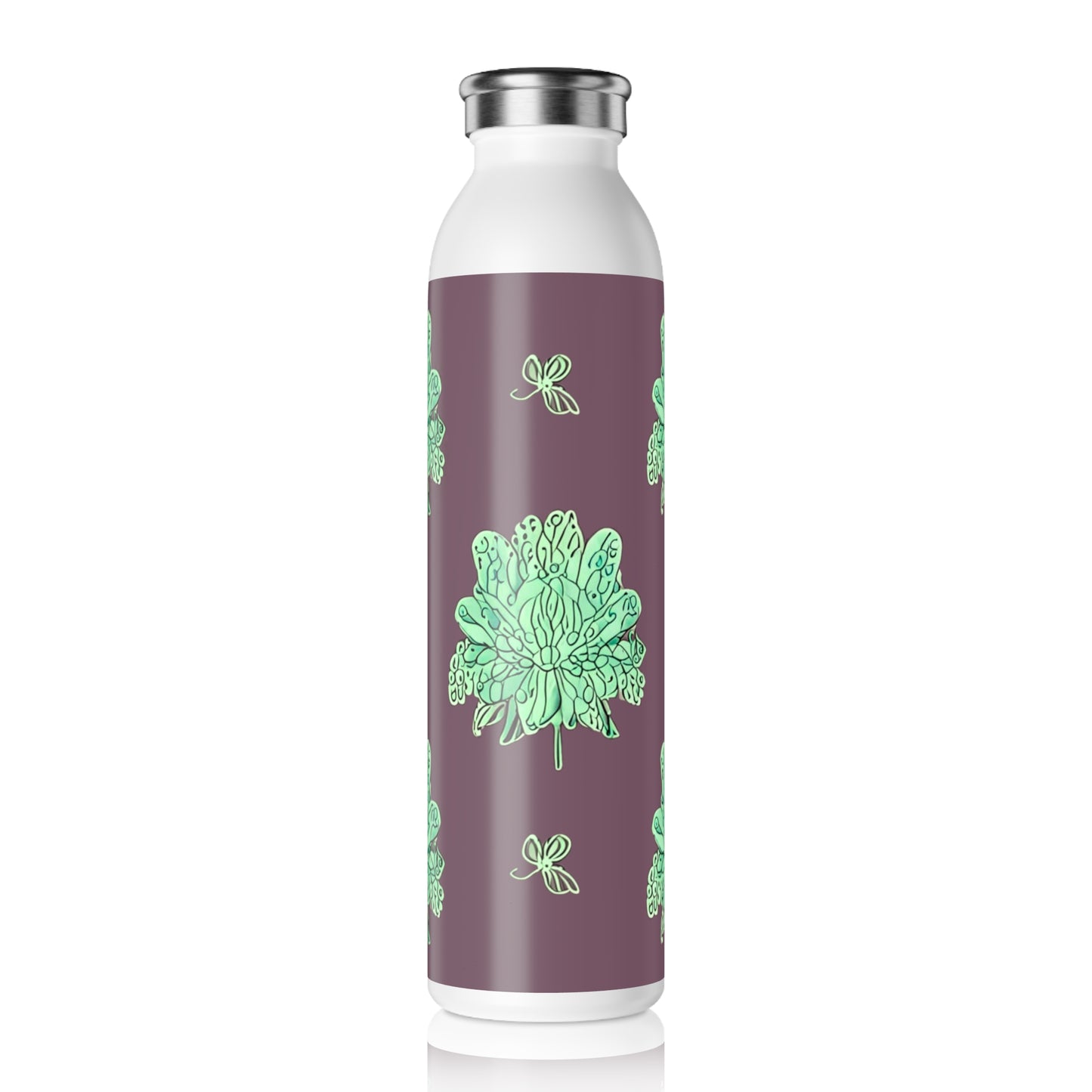 Mint Green Floral Butterflies Slim Water Bottle, 20 oz White