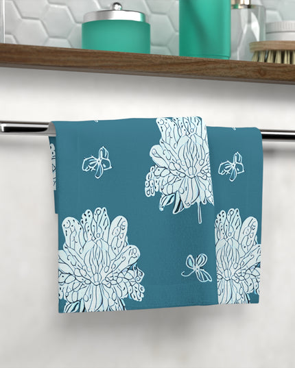 Tif Green White Floral Butterflies Face Towel, 13" x 13"