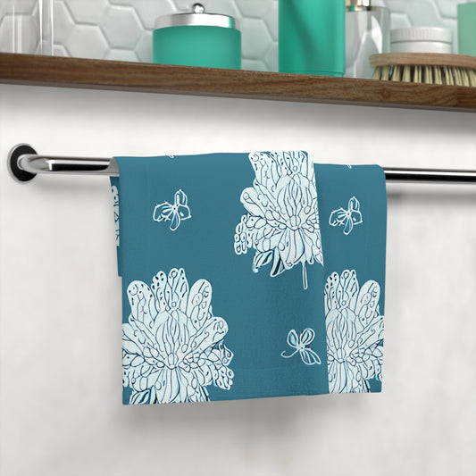 Tif Green White Floral Butterflies Face Towel, 13" x 13"