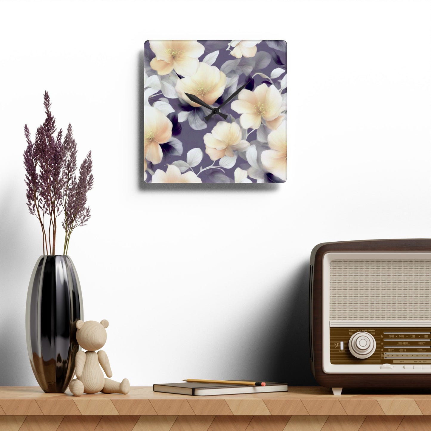 White Blush Floral Bunch Acrylic Wall Clock, Round or Square, 10.75" x 10.75"