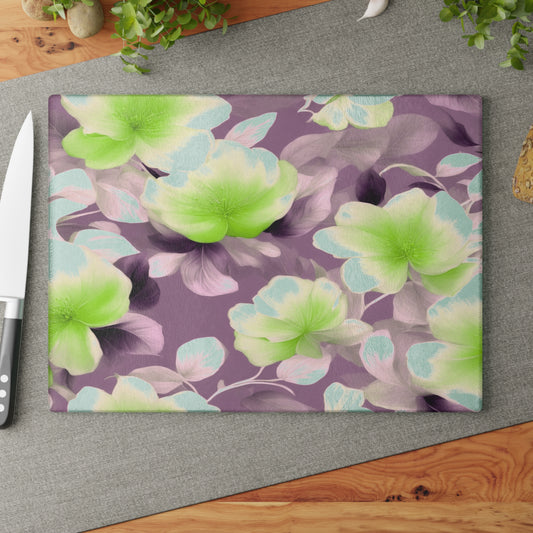 Lime Lavender Floral Bunch Glass Cutting Board, 11" x 15"
