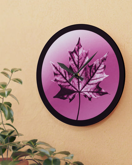 Magenta Maple Leaf Acrylic Wall Clock, Round or Square, 10.75" x 10.75"