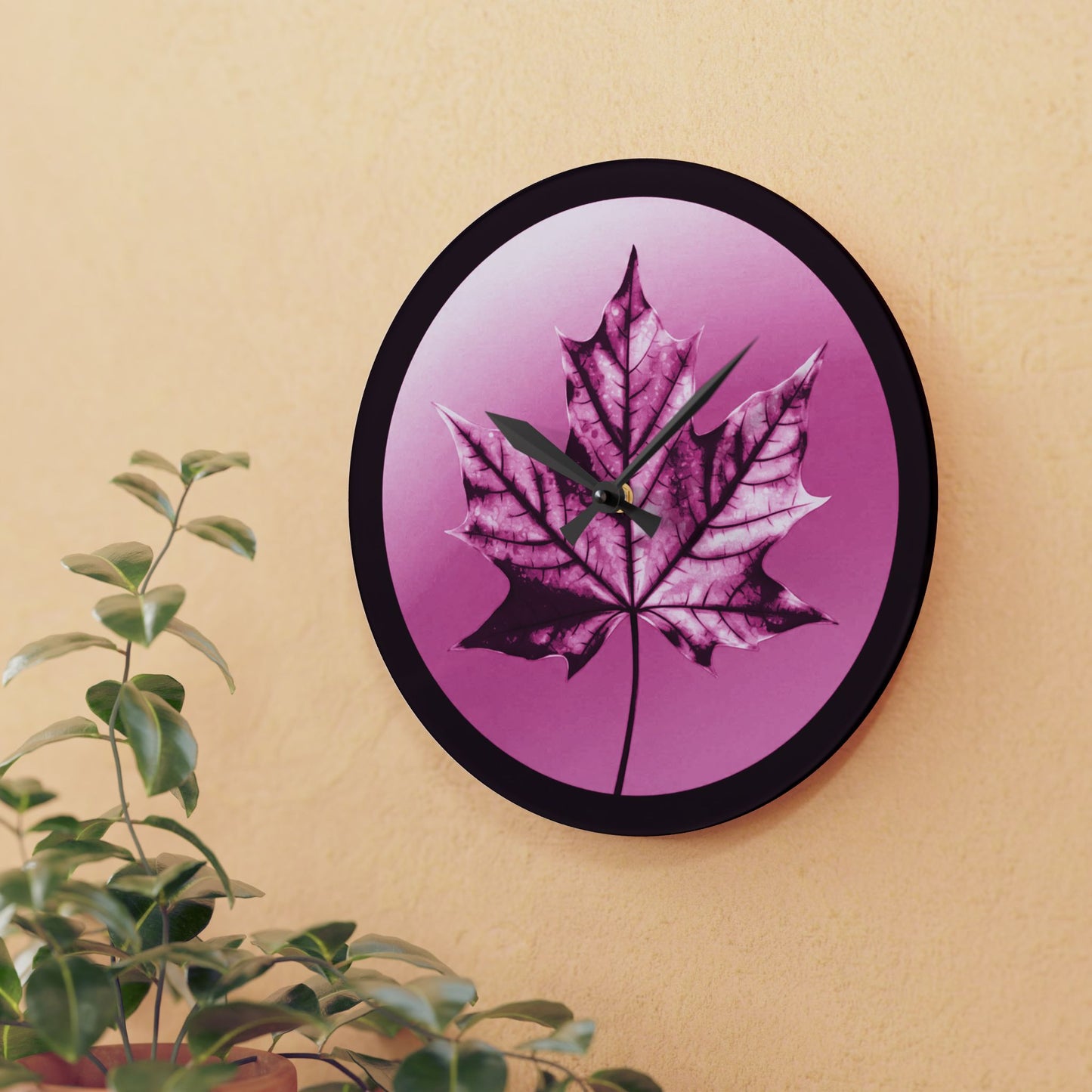 Magenta Maple Leaf Acrylic Wall Clock, Round or Square, 10.75" x 10.75"