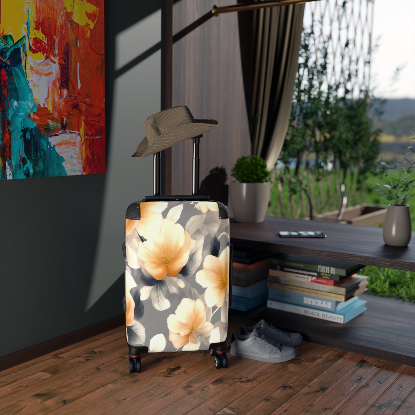 Soft Blossom Floral Bunch Small Suitcase with built in lock, 4 double-wheels, telescopic handle, and ABS back hard-shell