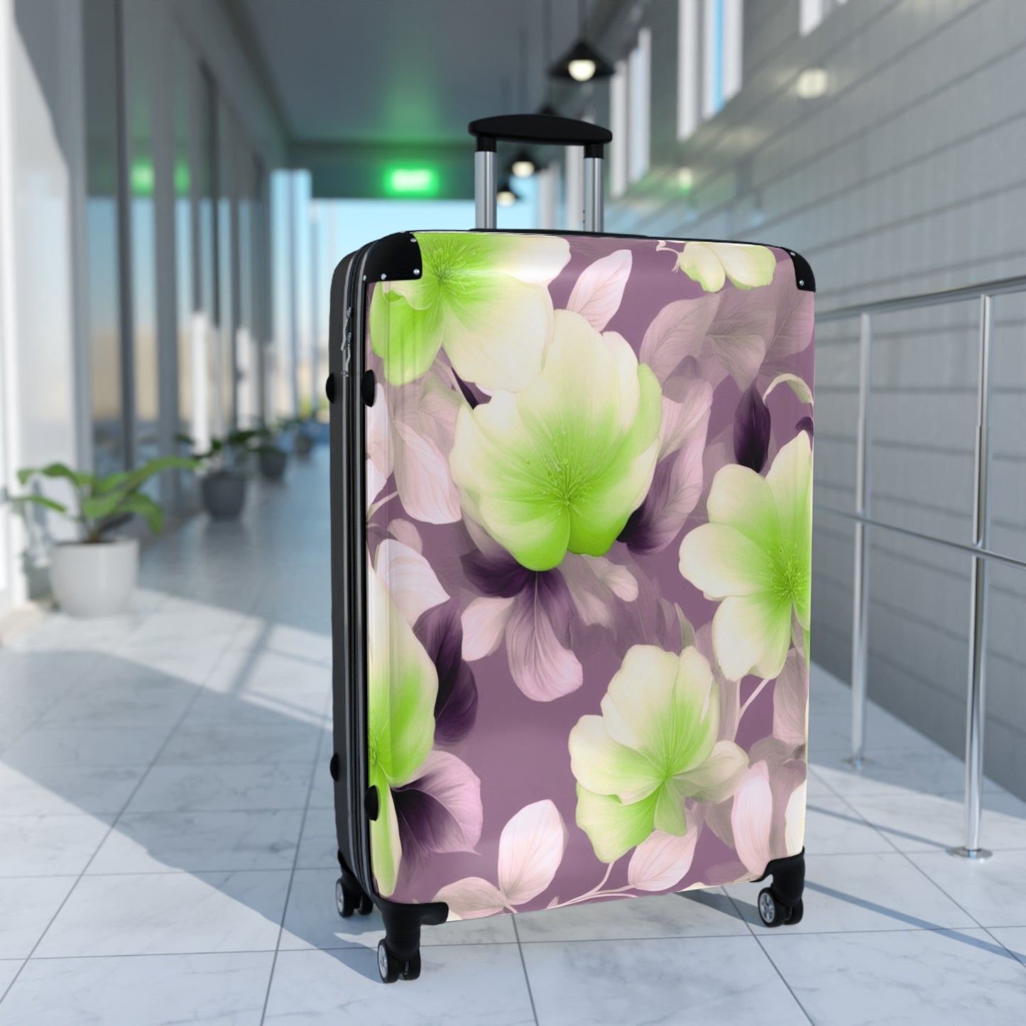 Lime Lavender Floral Bunch Large Suitcase with built in lock, 4 double-wheels, telescopic handle, and ABS back hard-shell