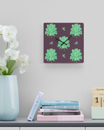 Mint Green Floral Butterflies Acrylic Wall Clock, Round or Square, 10.75" x 10.75"