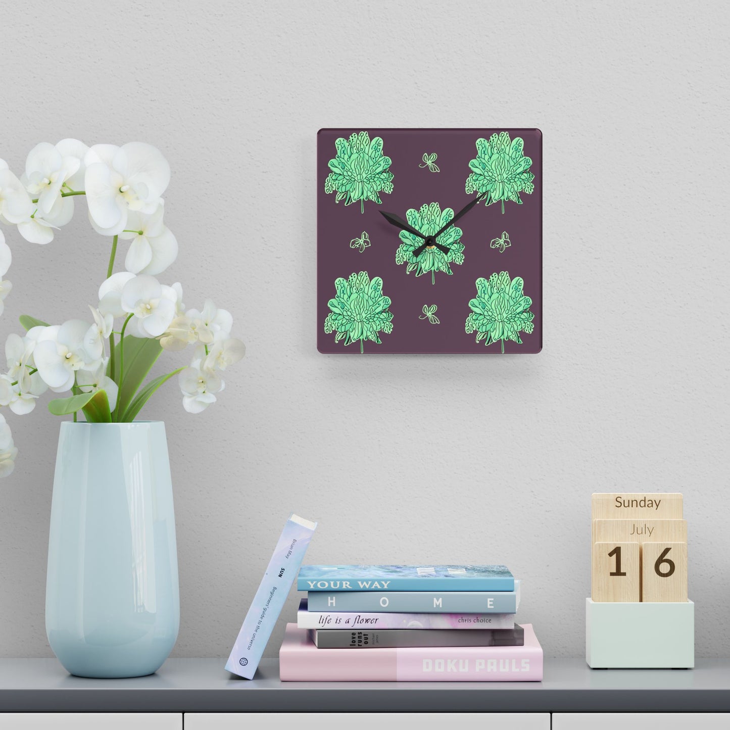 Mint Green Floral Butterflies Acrylic Wall Clock, Round or Square, 10.75" x 10.75"