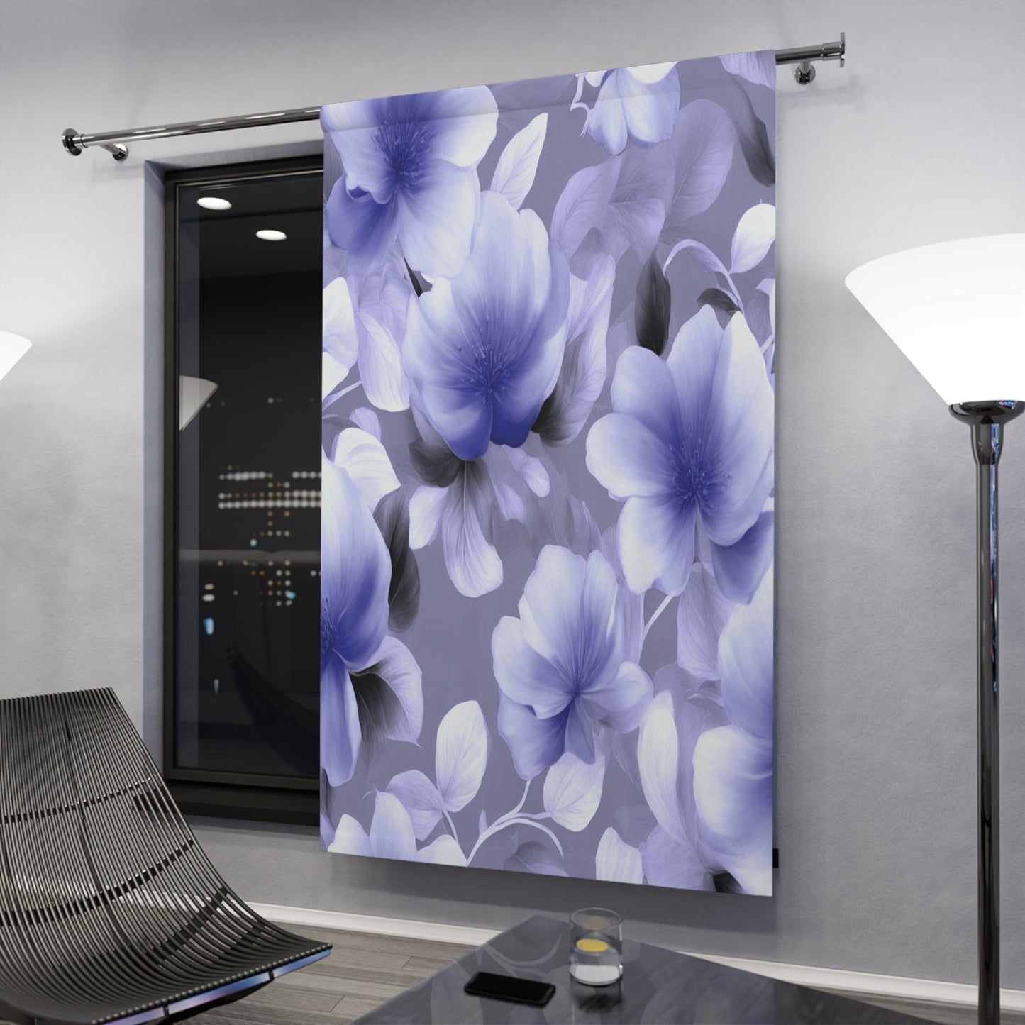 Indigo Blossom Floral Bunch Window Curtain, 50" x  84", blackout