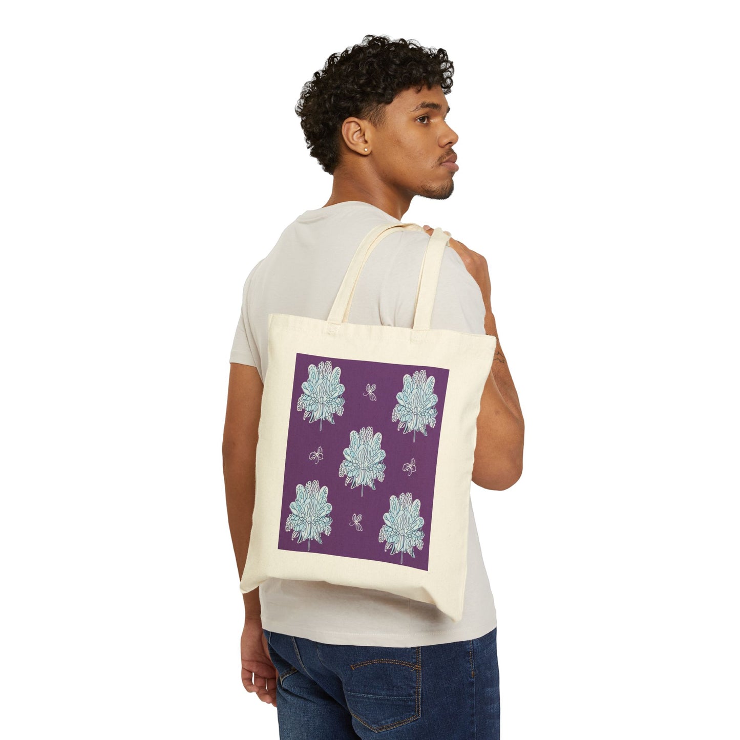 Blue Floral Butterflies Cotton Canvas Tote Bag