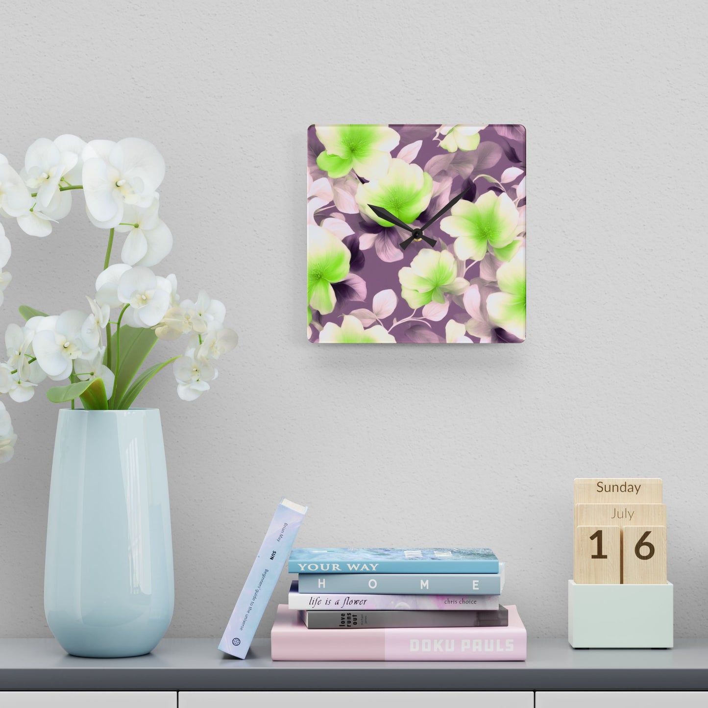 Lime Lavender Floral Bunch Acrylic Wall Clock, Round or Square, 10.75" x 10.75"