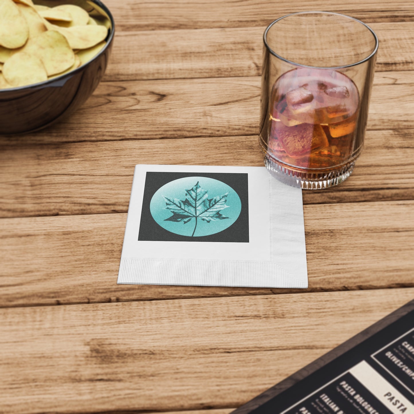 Tif Green Maple Leaf White Coined Napkins, 4.8" x 4.8"