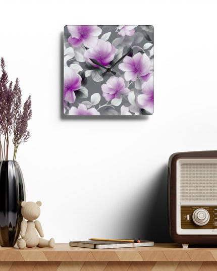 Purple Blossom Floral Bunch Acrylic Wall Clock, Round or Square, 10.75" x 10.75"