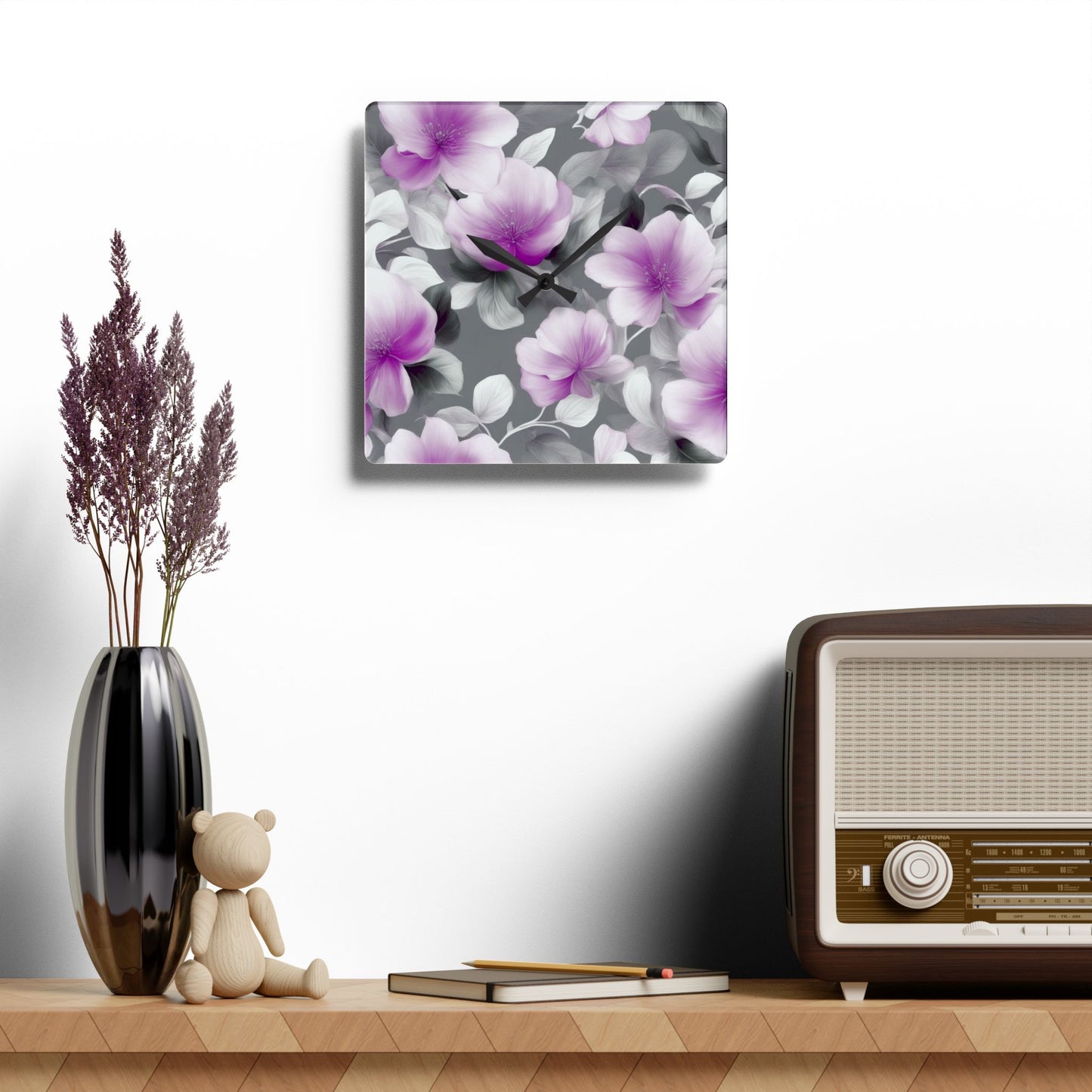 Purple Blossom Floral Bunch Acrylic Wall Clock, Round or Square, 10.75" x 10.75"