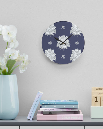 White Floral Butterflies Acrylic Wall Clock, Round or Square, 10.75" x 10.75"