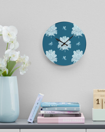 Tif Green White Floral Butterflies Acrylic Wall Clock, Round or Square, 10.75" x 10.75"