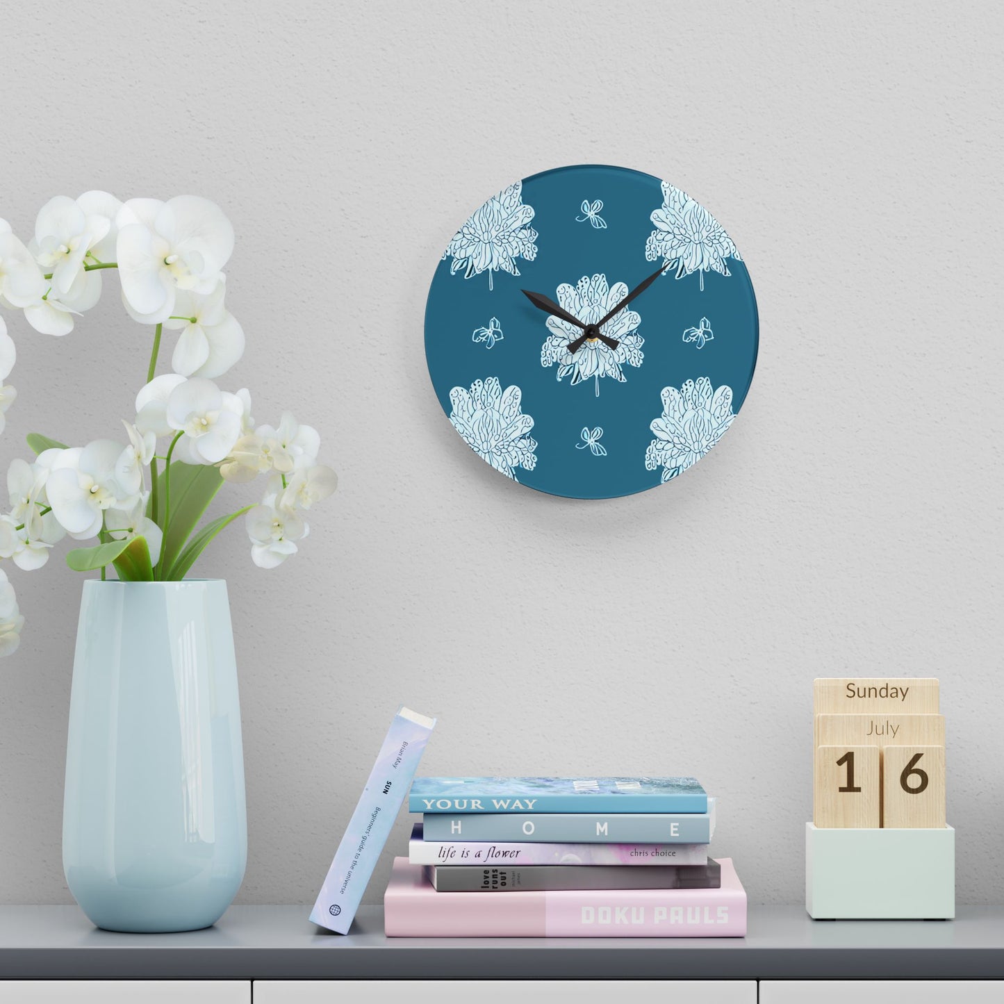 Tif Green White Floral Butterflies Acrylic Wall Clock, Round or Square, 10.75" x 10.75"