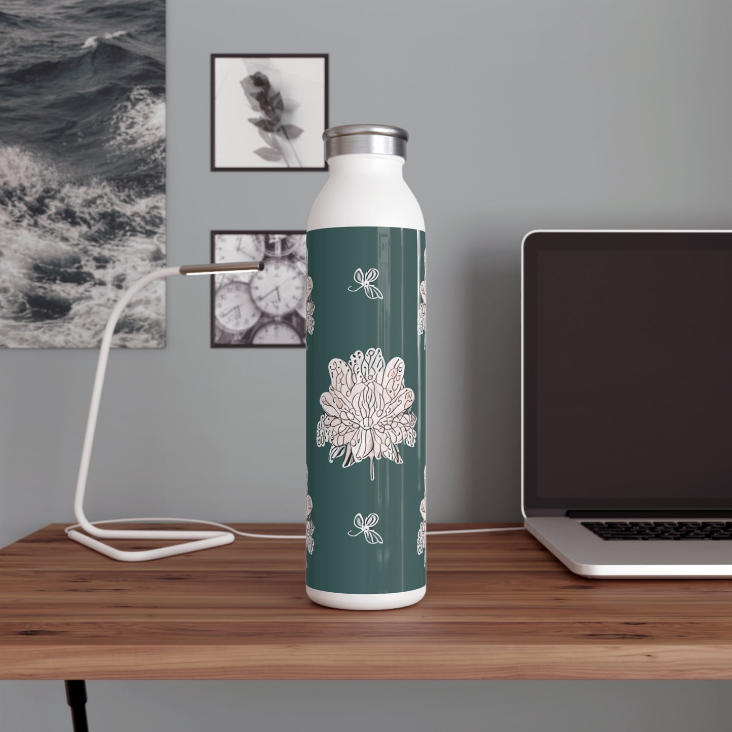 Soft White Floral Butterflies Slim Water Bottle, 20 oz White