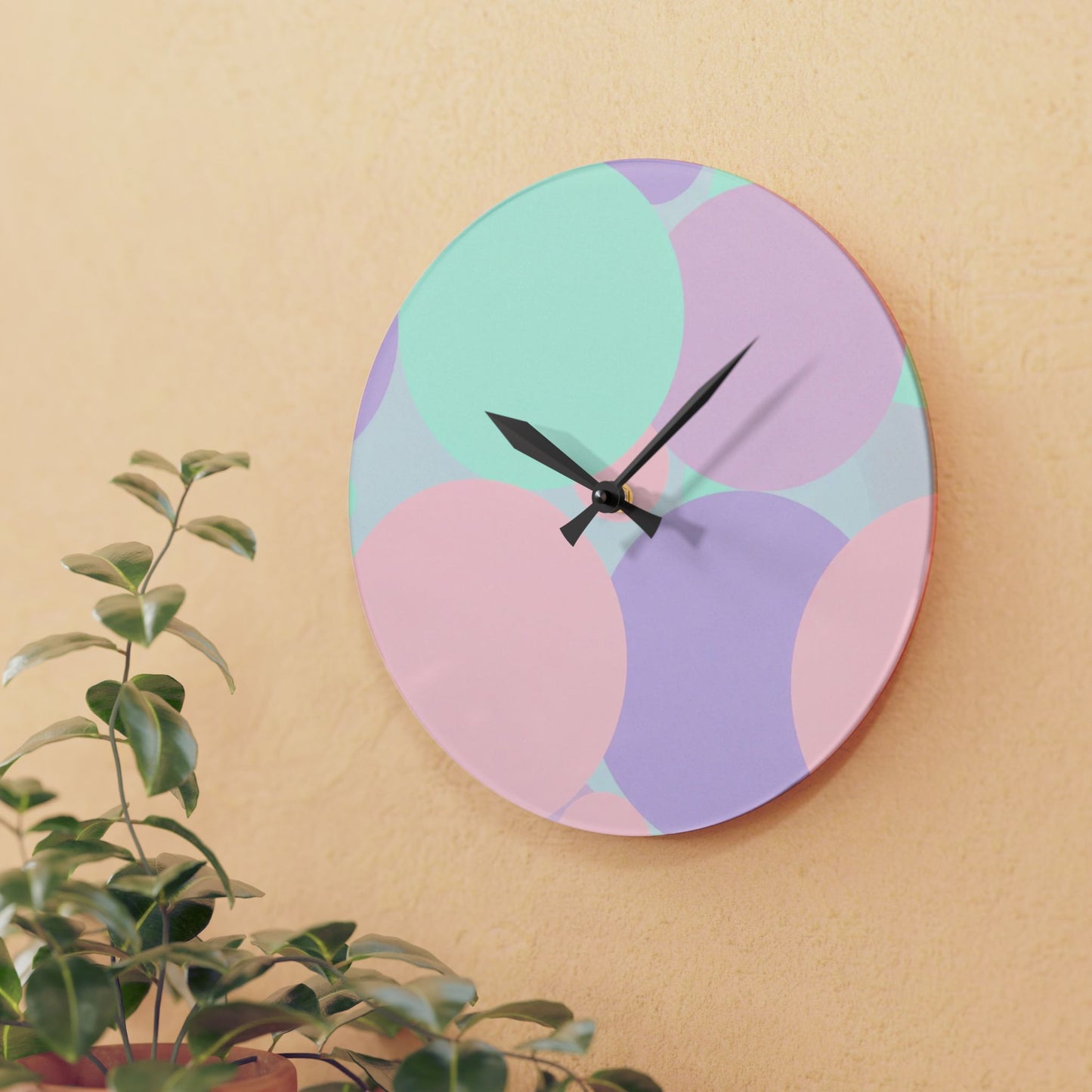 Pastel Peach and Soft Green Patches Acrylic Wall Clock, Round or Square, 10.75" x 10.75"