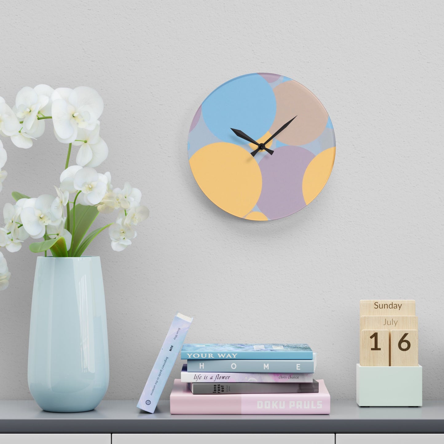 Pastel Baby Blue and Peach Patches Acrylic Wall Clock, Round or Square, 10.75" x 10.75"