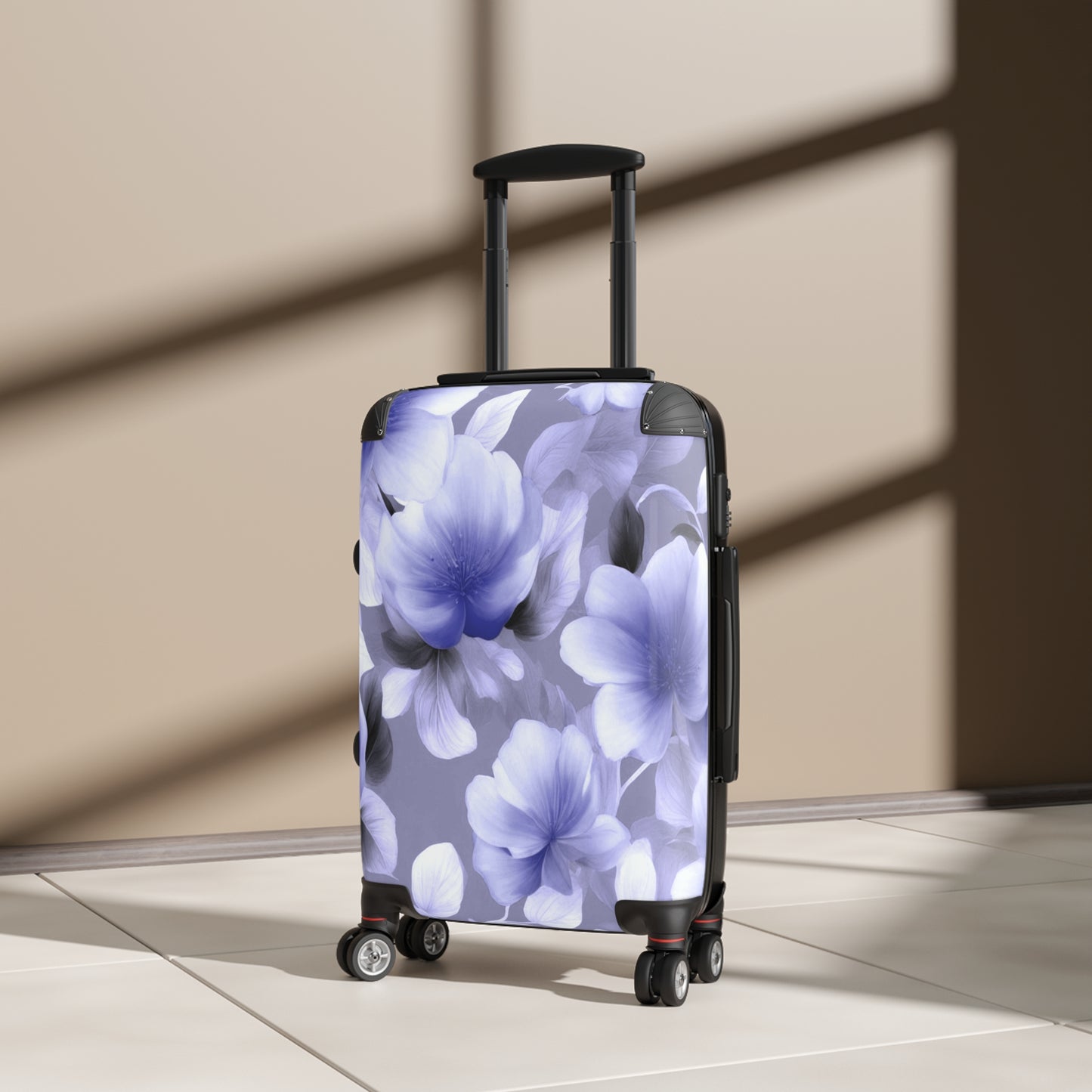 Indigo Blossom Floral Bunch Small Suitcase with built in lock, 4 double-wheels, telescopic handle, and ABS back hard-shell