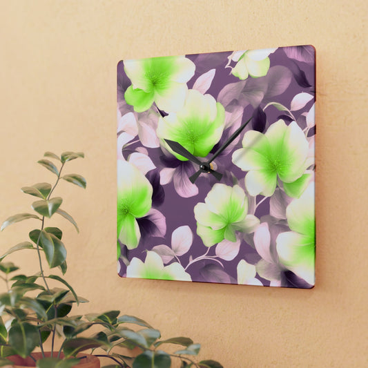 Lime Lavender Floral Bunch Acrylic Wall Clock, Round or Square, 10.75" x 10.75"