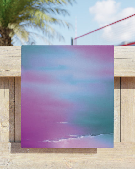 Dark Blue Green Sea Purple Fog Beach Towel, 18" x 27"