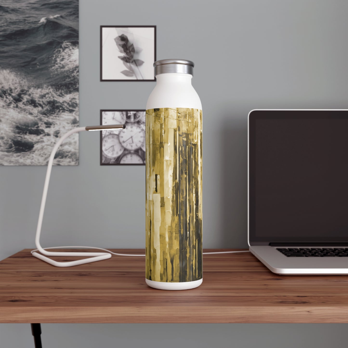 Striped Light Brown Slim Water Bottle, 20 oz White