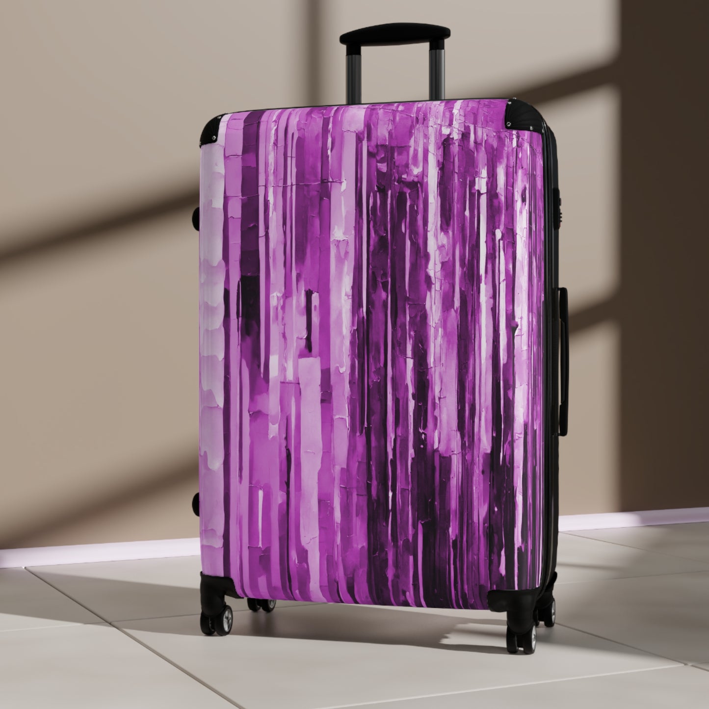 Striped Powder Lavender Large Suitcase with built in lock, 4 double-wheels, telescopic handle, and ABS back hard-shell