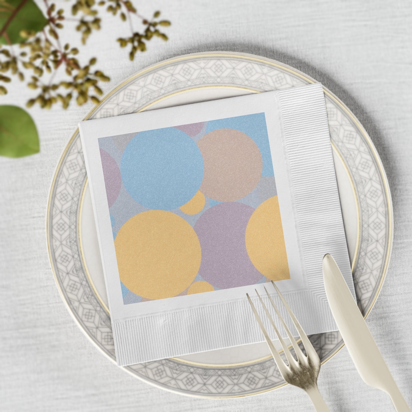 Pastel Baby Blue and Peach Patches White Coined Napkins, 6.5" x 6.5"