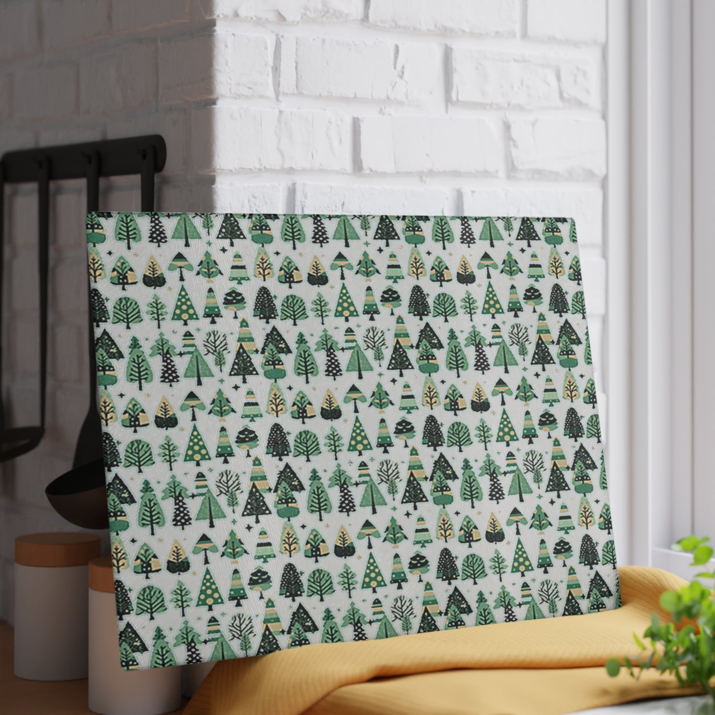 Mini Vintage Green Trees 11" x 15" Glass Cutting Board
