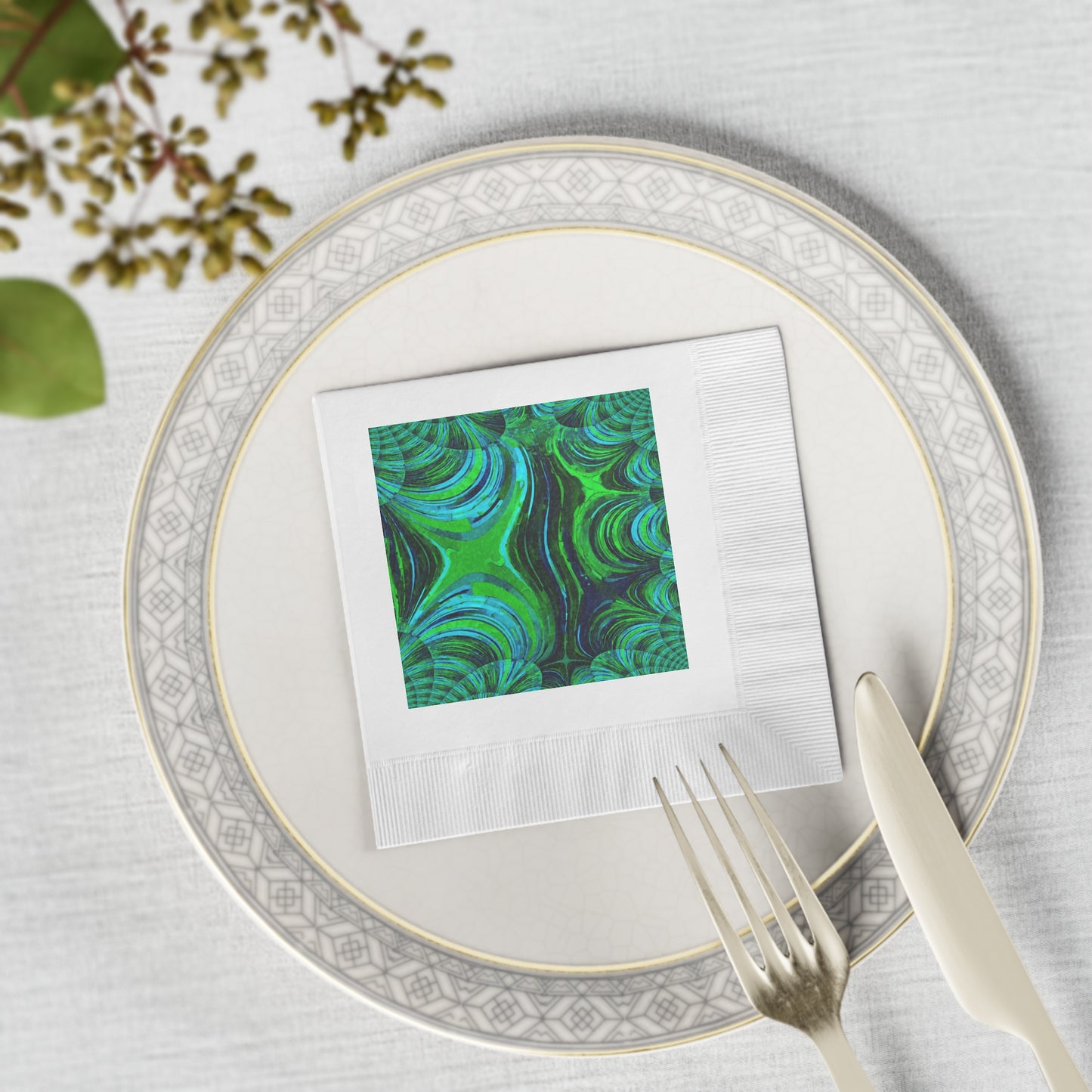 Uzi Spiral Blue Green White Coined Napkins, 4.8" x 4.8"