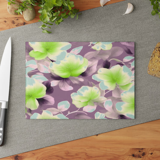 Lime Lavender Floral Bunch Glass Cutting Board, 8" x 11"
