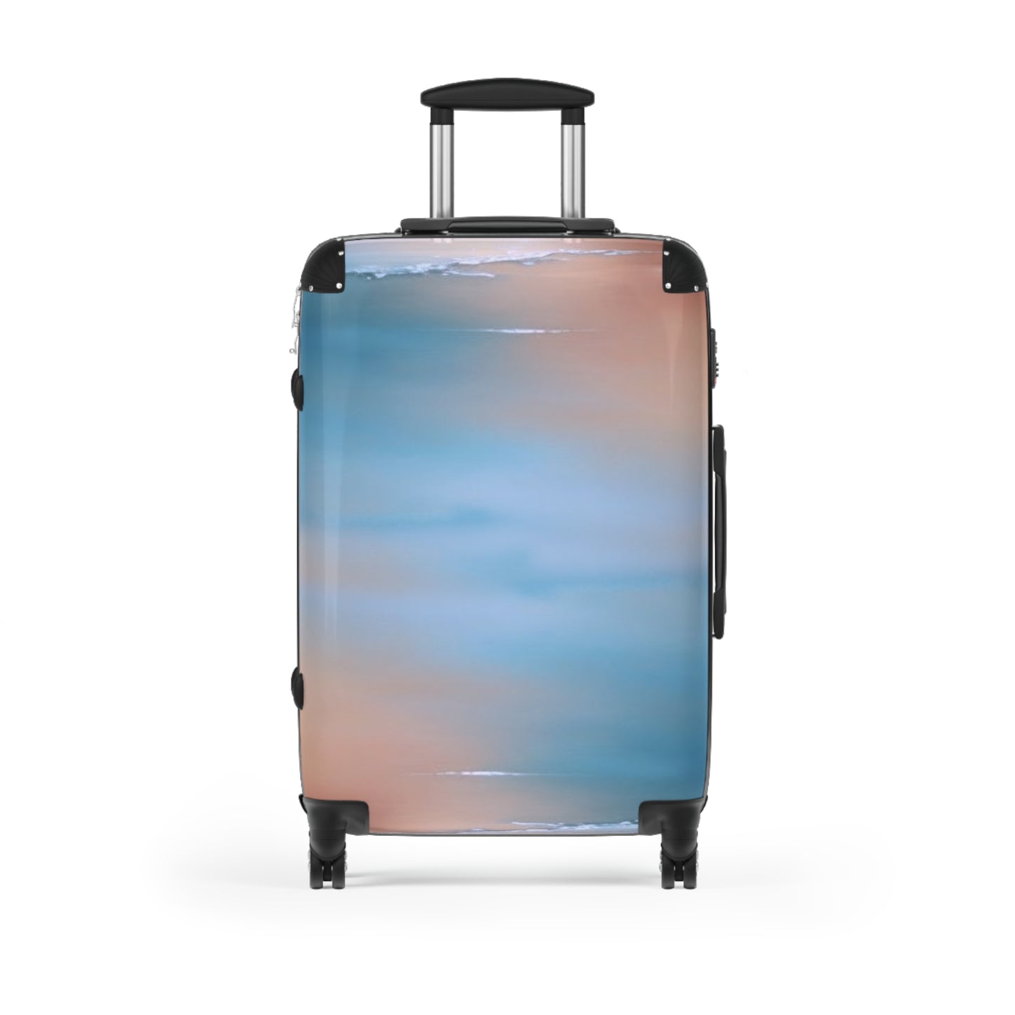 Blue Sea Peach Fog Medium Suitcase with built in lock, 4 double-wheels, telescopic handle, and ABS back hard-shell