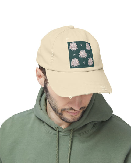 Soft White Floral Butterflies Unisex Distressed Cap