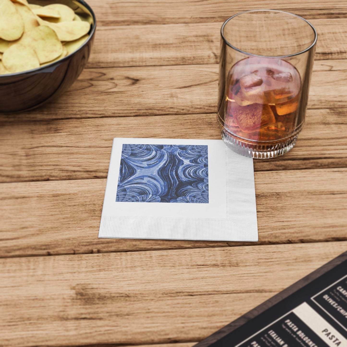 Uzi Spiral Deep Blue Pastel White Coined Napkins, 4.8" x 4.8"