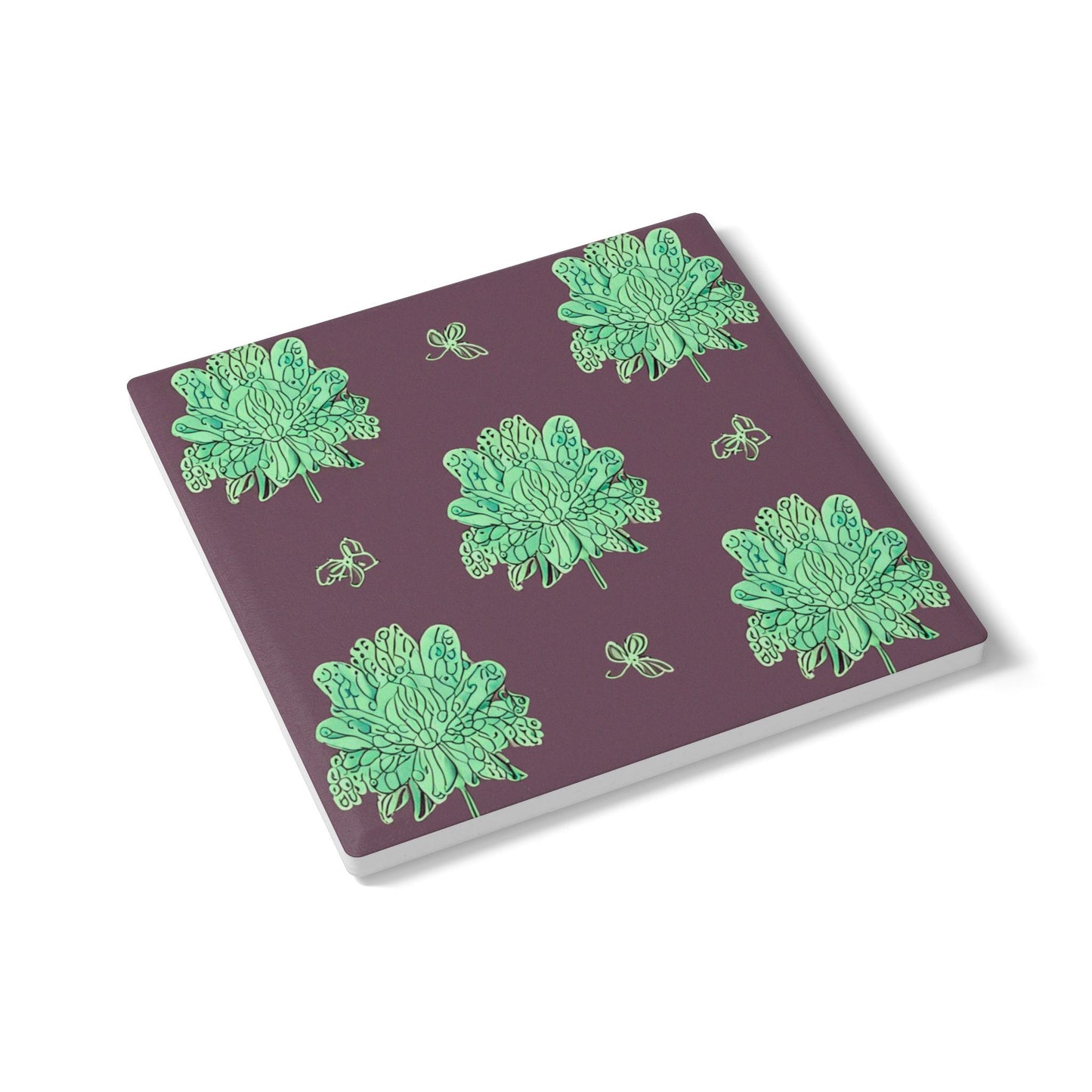 Mint Green Floral Butterflies 4" x 4" Square Ceramic Coaster