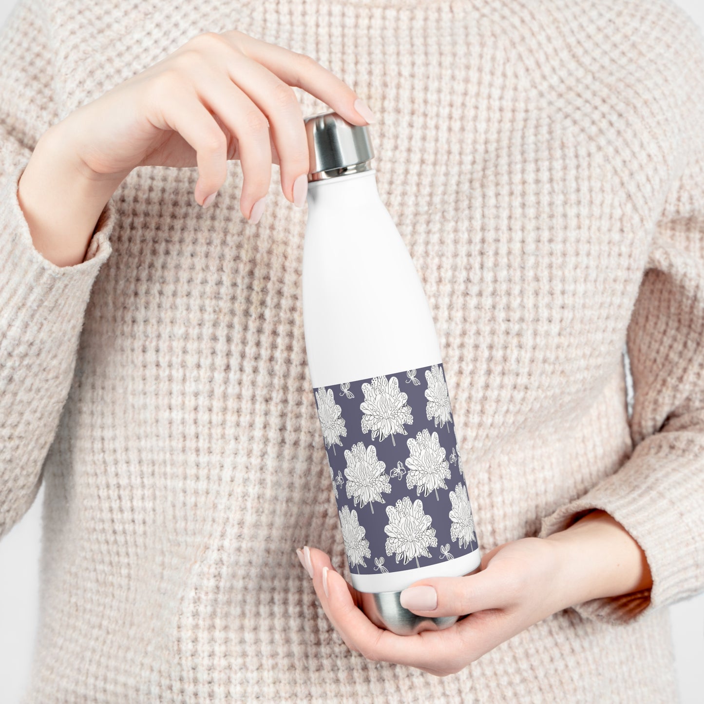 White Floral Butterflies 20oz Insulated Water Bottle