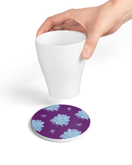 Blue Floral Butterflies 4" x 4" Round Ceramic Coaster