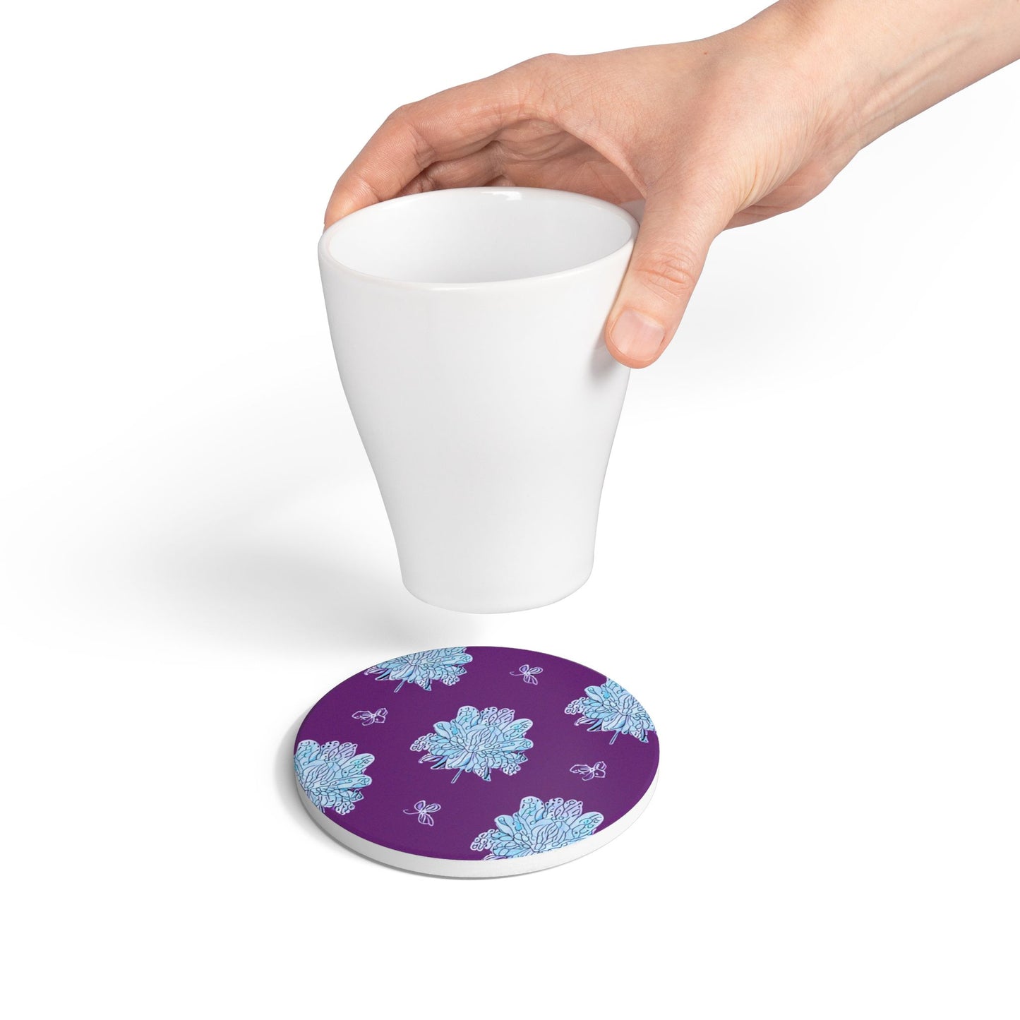 Blue Floral Butterflies 4" x 4" Round Ceramic Coaster