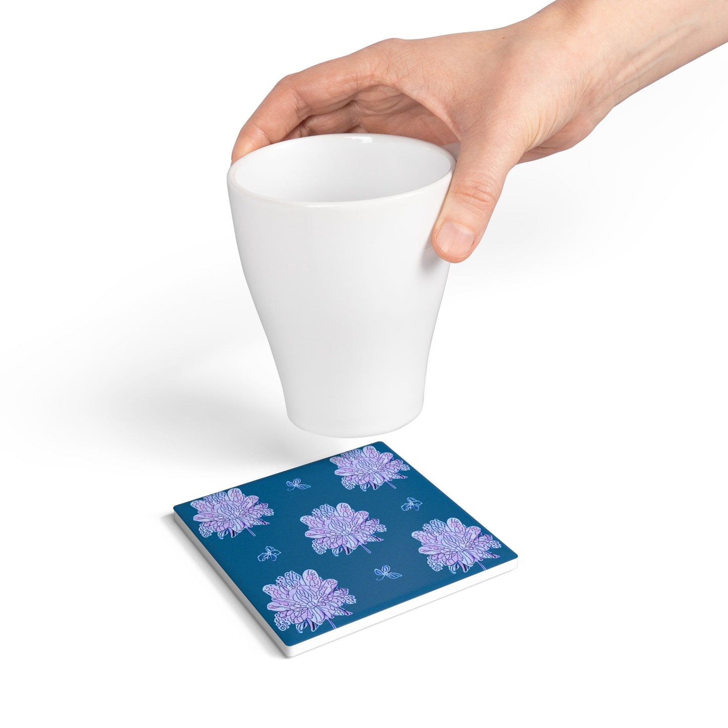 Lavender Floral Butterflies 4" x 4" Square Ceramic Coaster