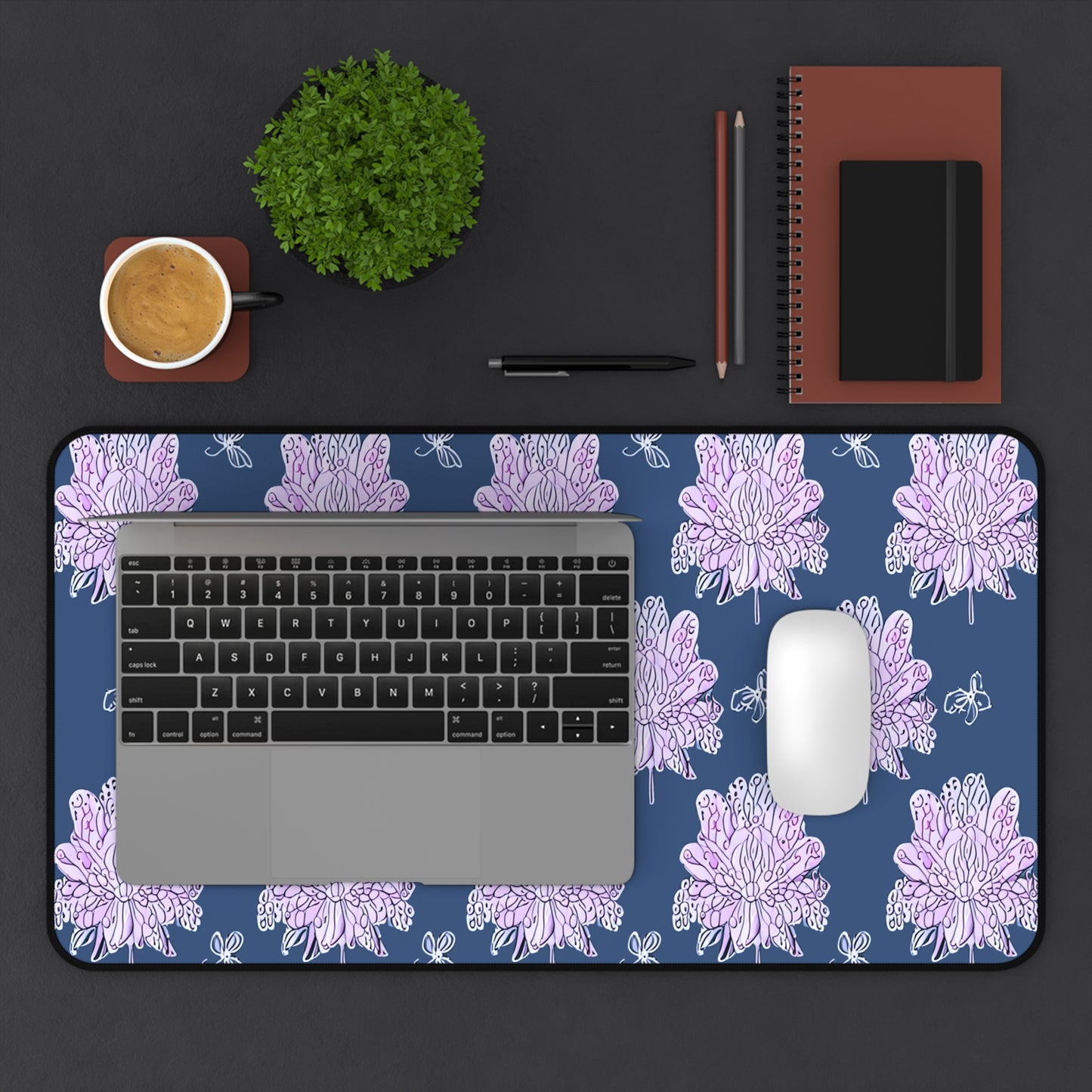 Purple White Floral Butterflies 12" x 22" Desk Mat