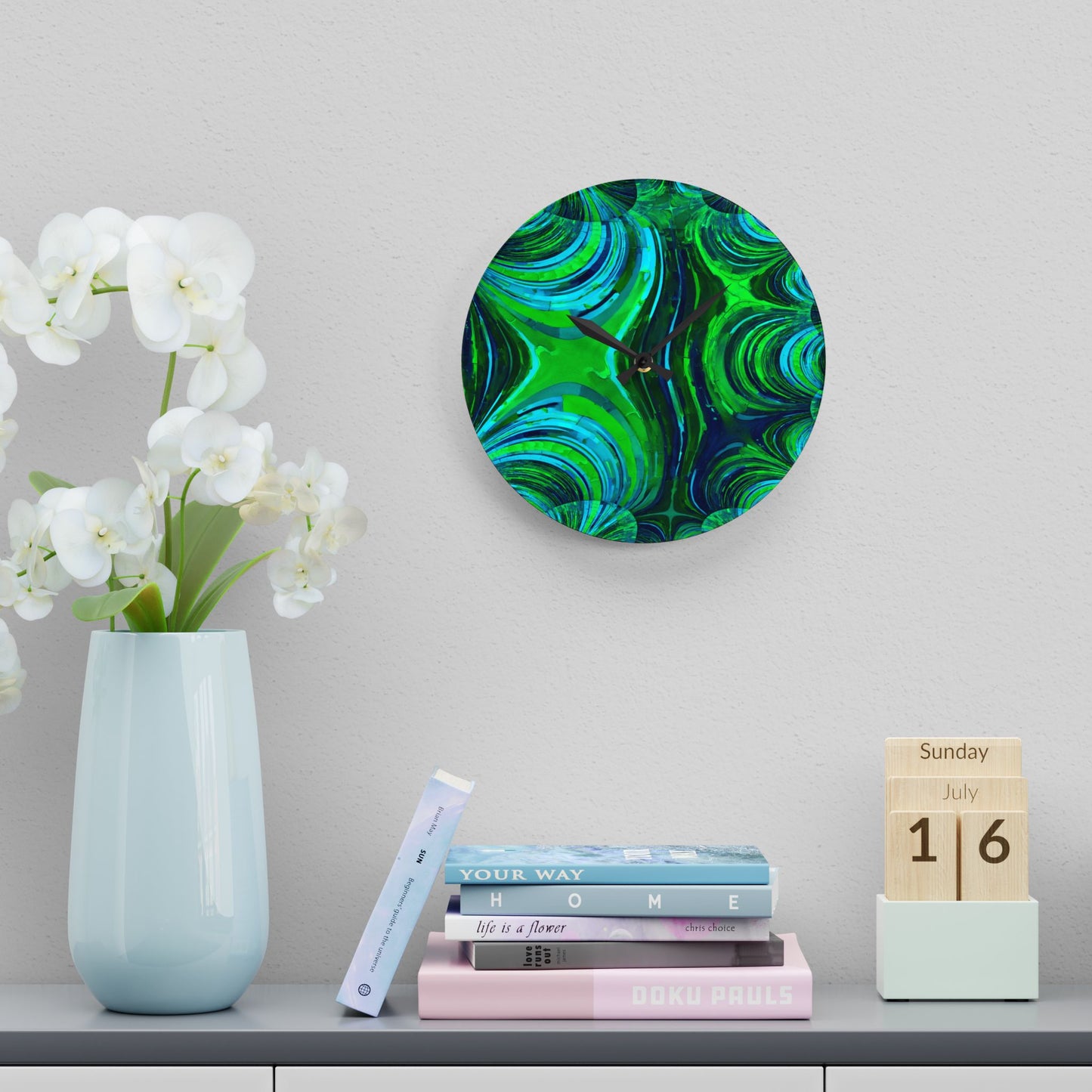 Uzi Spiral Blue Green Acrylic Wall Clock, Round or Square, 10.75" x 10.75"
