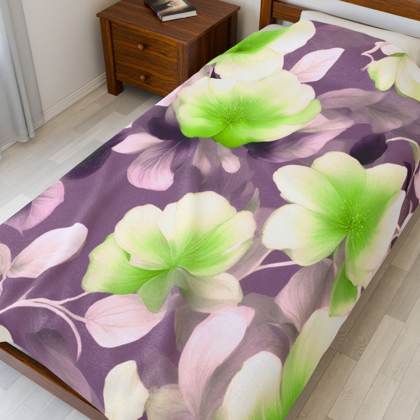Lime Lavender Floral Bunch Velveteen Plush Blanket, 60" x 80"