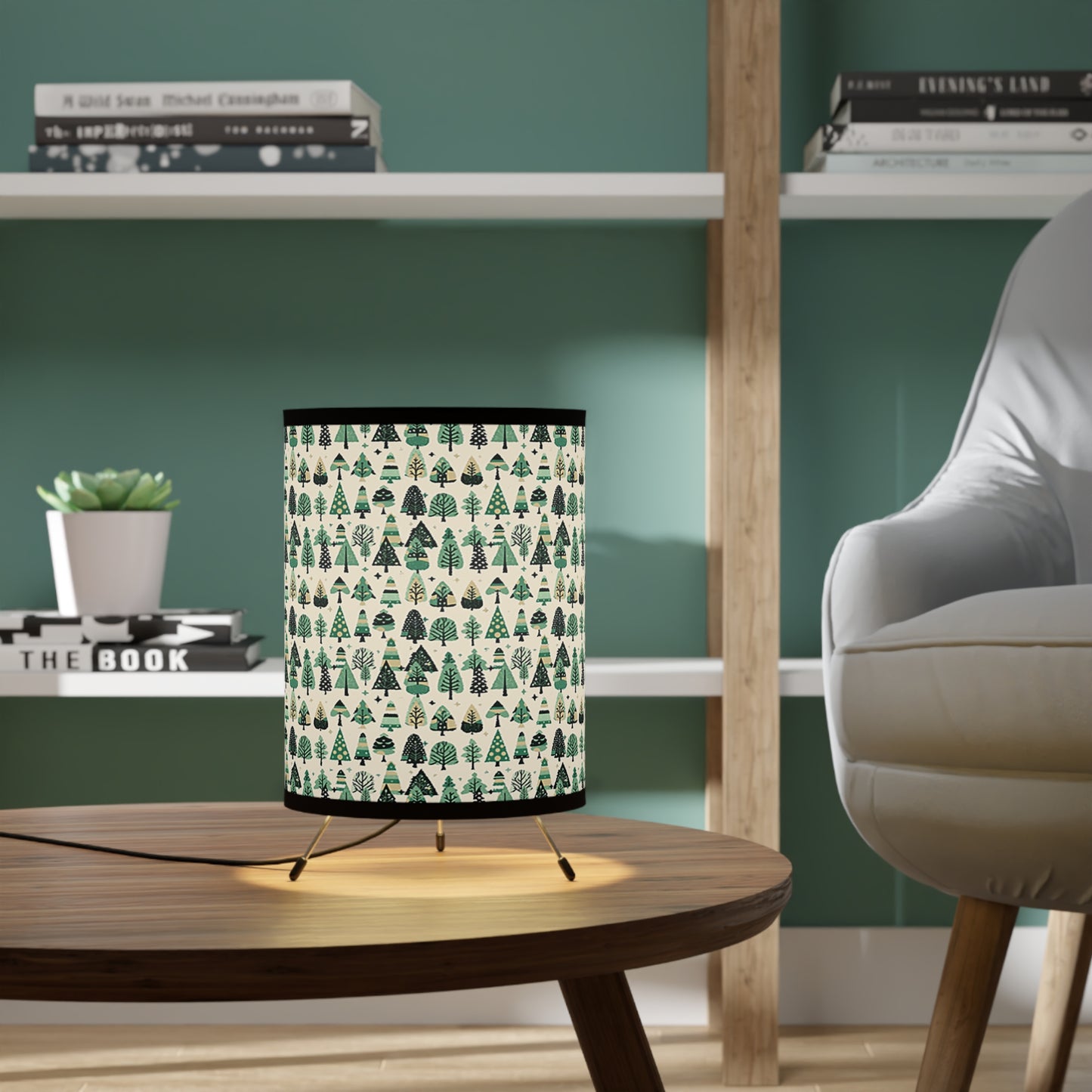 Mini Vintage Green Trees Tripod Lamp with High-Res Printed Shade, US\CA plug