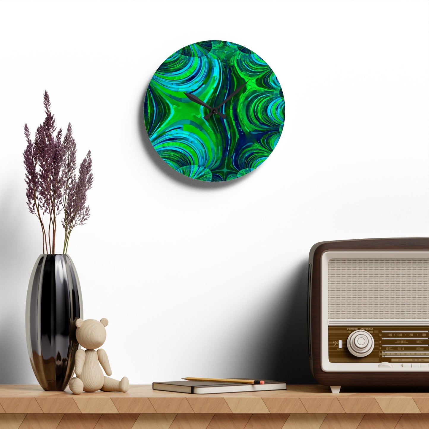 Uzi Spiral Blue Green Acrylic Wall Clock, Round or Square, 10.75" x 10.75"